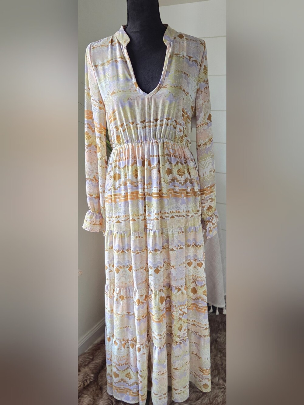 Shyanne Watercolor Maxi Dress Pastel Long Sleeve Southwestern Desert Cowgirl M